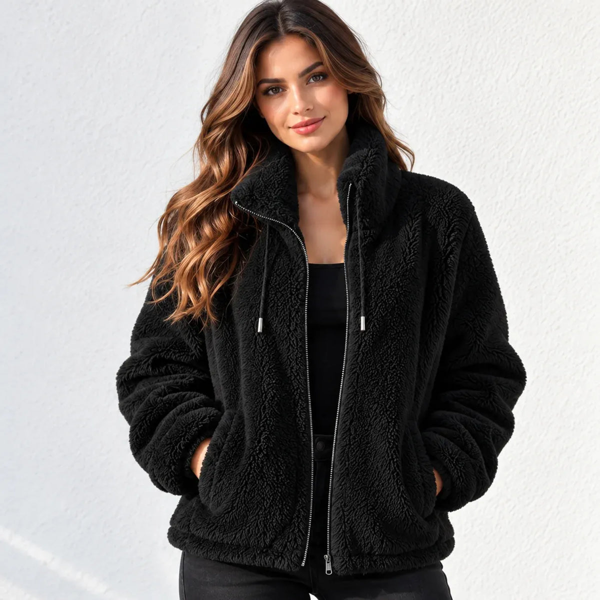 A woman wearing a black sherpa fleece zip-up jacket with a high collar, front zipper, and drawstrings, posed against a light gray textured wall.