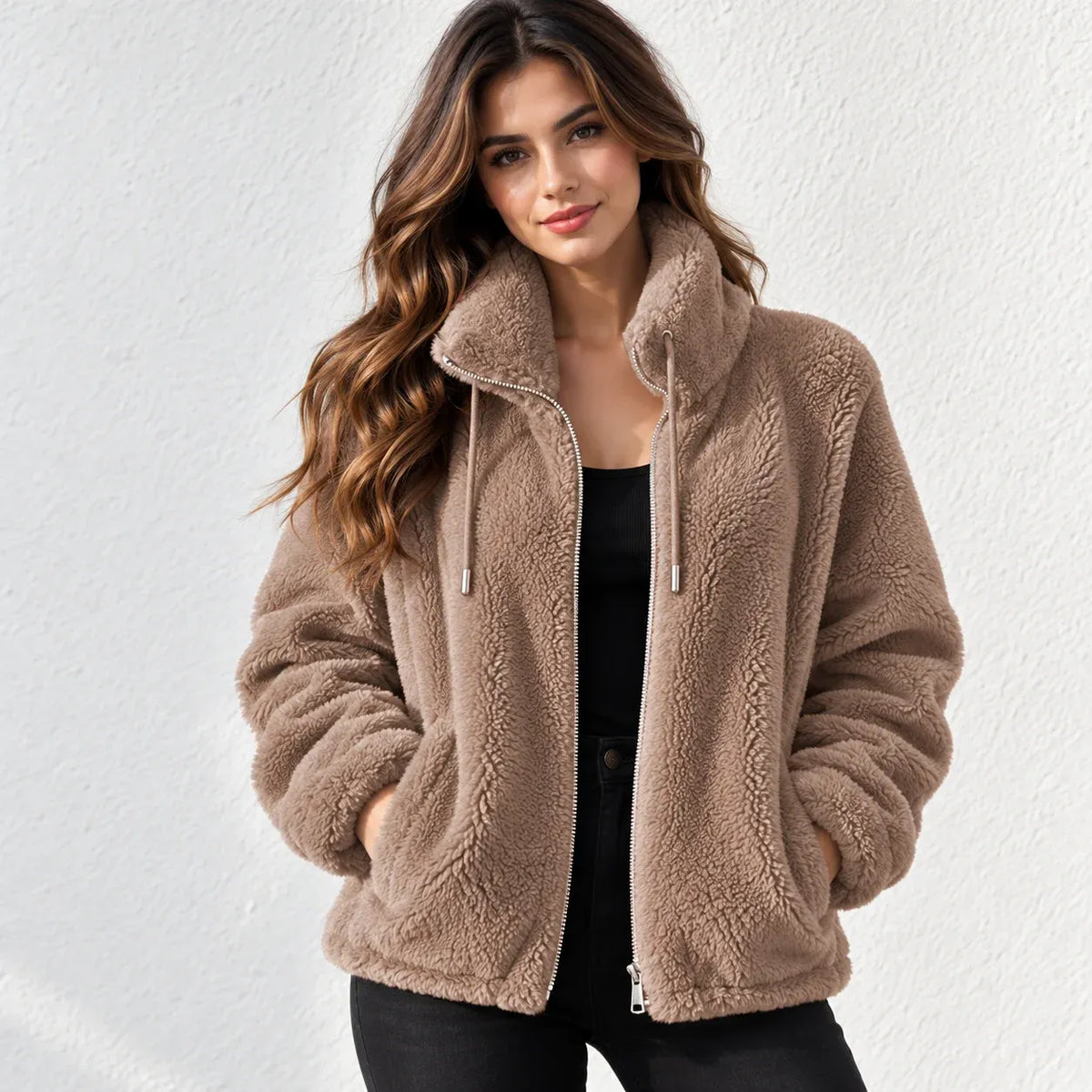 A woman wearing a cozy, light brown sherpa fleece zip-up jacket with a high collar, standing against a textured white wall.