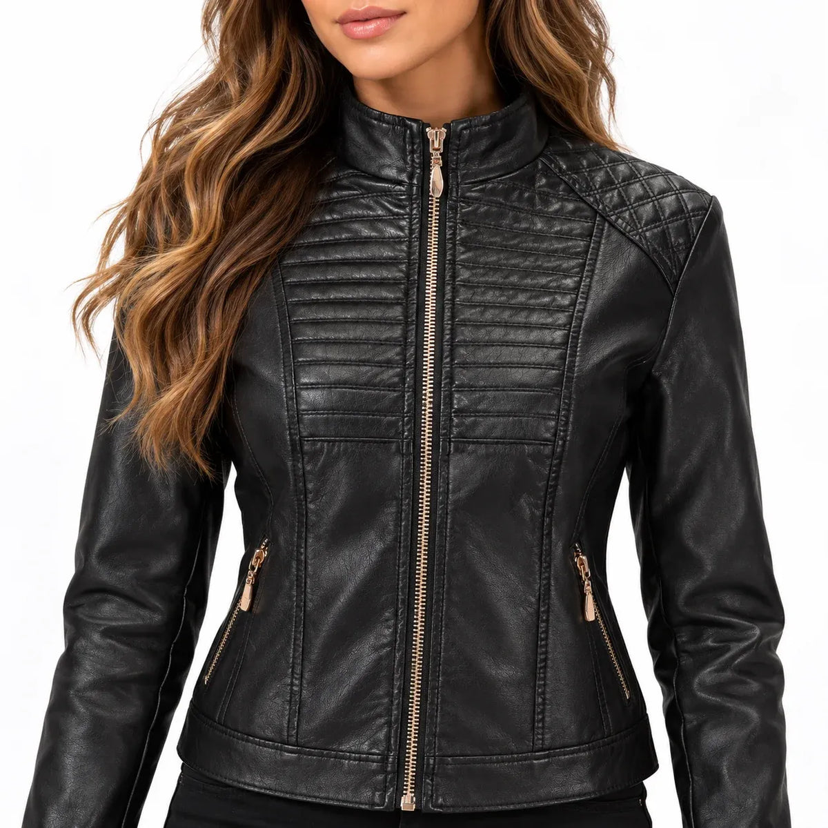 Black close-up: Close-up of a black faux leather jacket showing diamond-quilted shoulders, a stand collar, and front zippers.