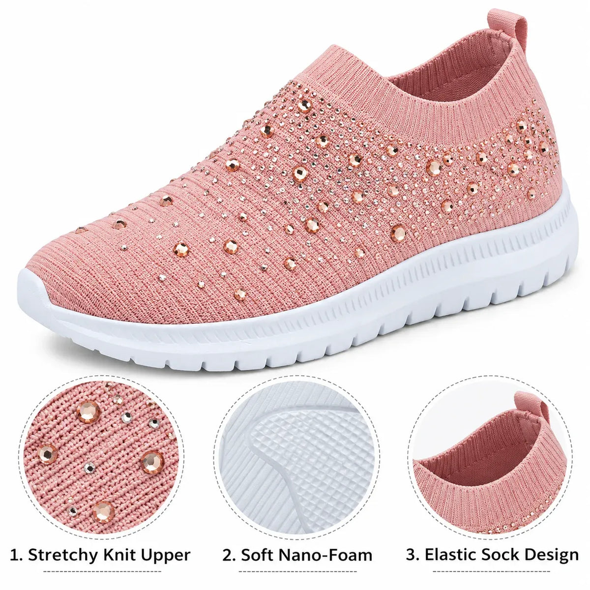 Material details: Pink rhinestone slip-on sneaker with inset close-ups of the embellished knit upper, sole texture, and ribbed opening.