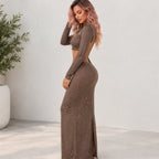 A woman modeling a sparkly, two-piece long-sleeve set in a warm taupe-brown shade. The set includes a cropped long-sleeve top with an open back and a matching high-slit maxi skirt, photographed against a neutral light gray wall with a potted plant on the left.