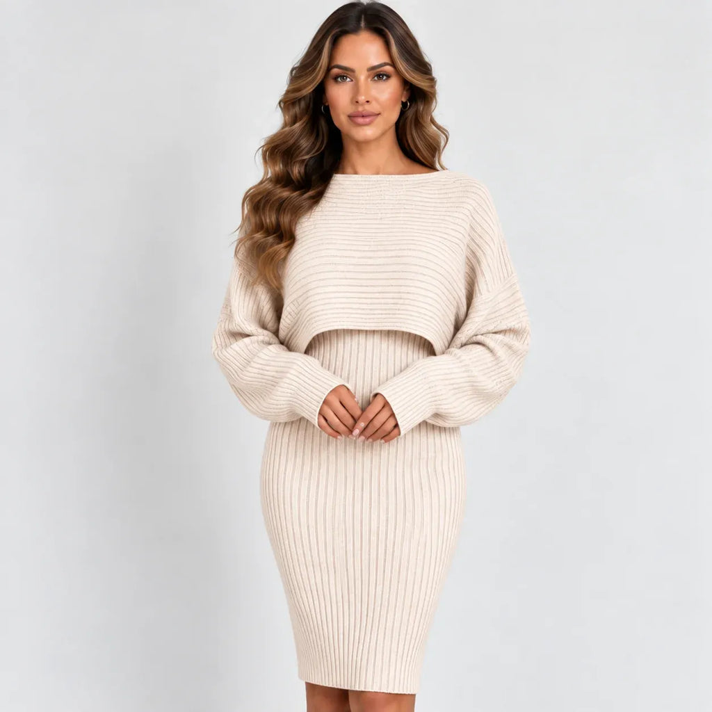 Women’s beige ribbed tank dress and cropped long-sleeve pullover set
