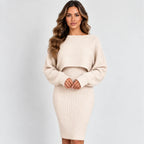 Women’s beige ribbed tank dress and cropped long-sleeve pullover set