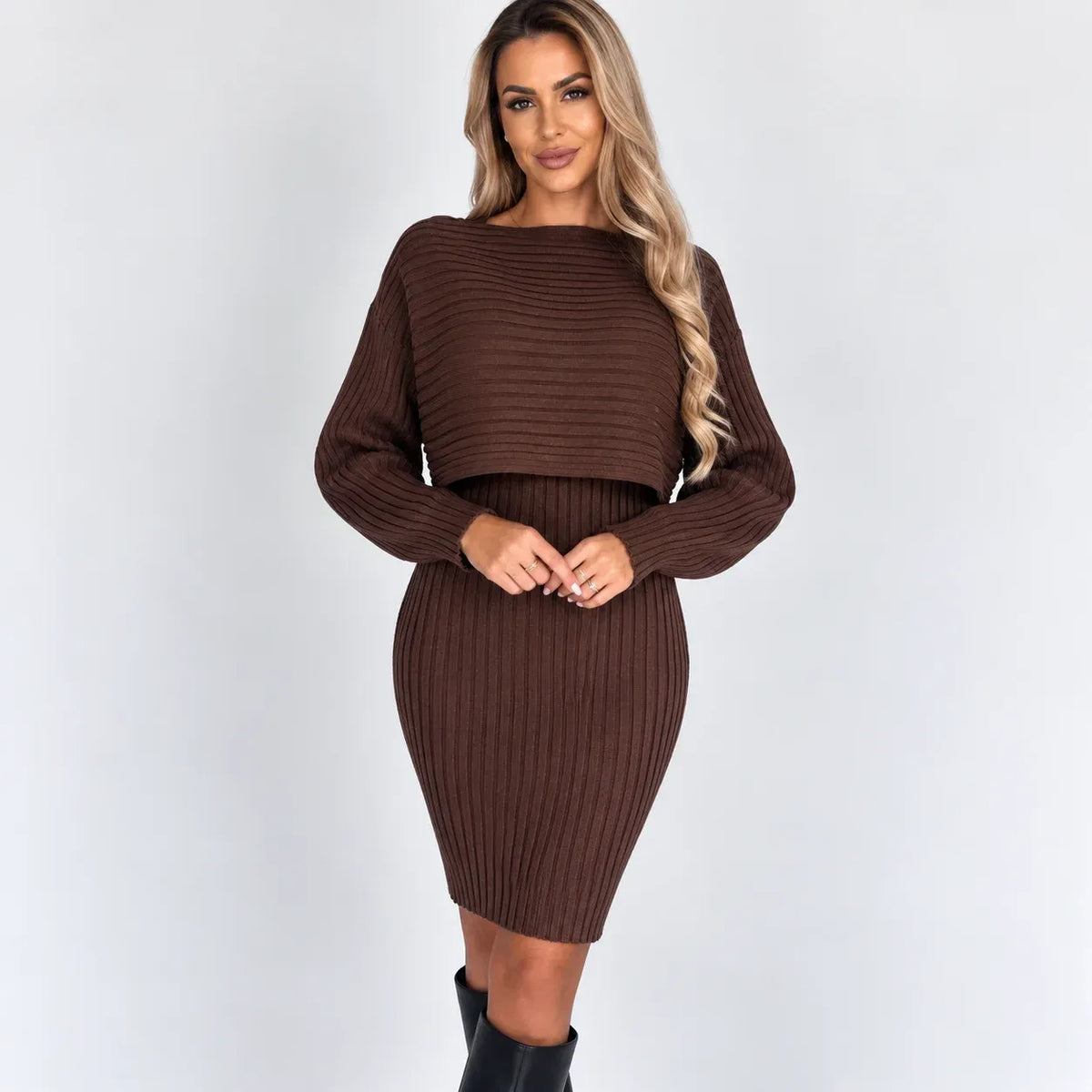 Women’s brown ribbed tank dress and cropped long-sleeve pullover set