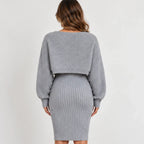 Women’s gray ribbed tank dress and cropped long-sleeve pullover set, back view