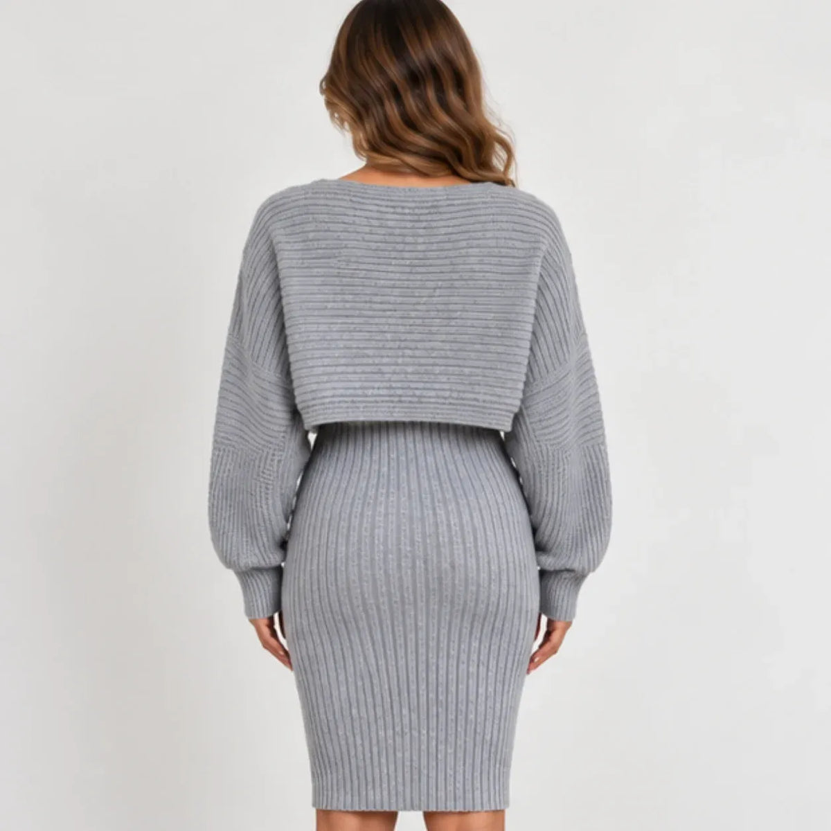 Women’s gray ribbed tank dress and cropped long-sleeve pullover set, back view