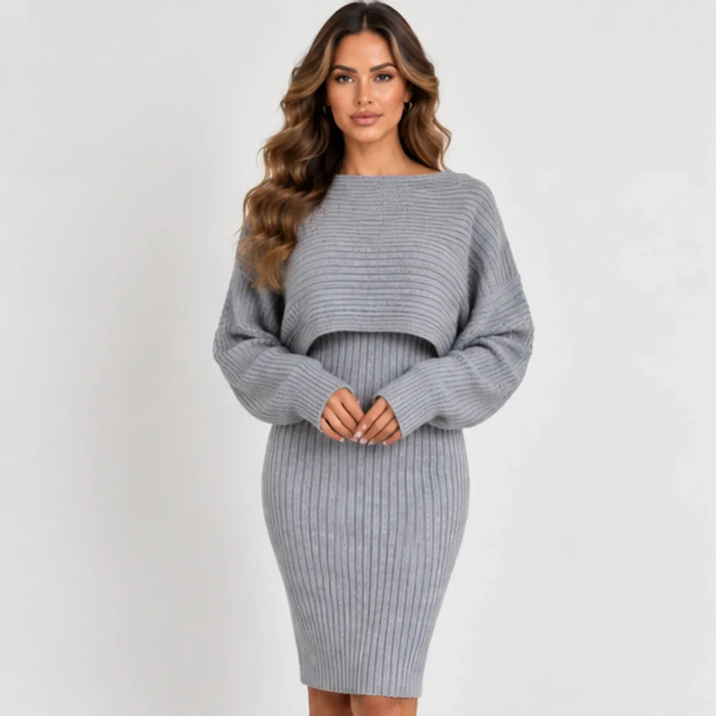 Women’s gray ribbed tank dress and cropped long-sleeve pullover set, front view