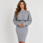Women’s gray ribbed tank dress and cropped long-sleeve pullover set, front view