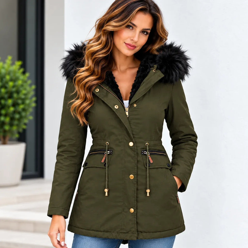 A woman wearing an olive green parka jacket with a black faux-fur trimmed hood, black lining, and gold-tone snap buttons, standing outdoors against a light wall.