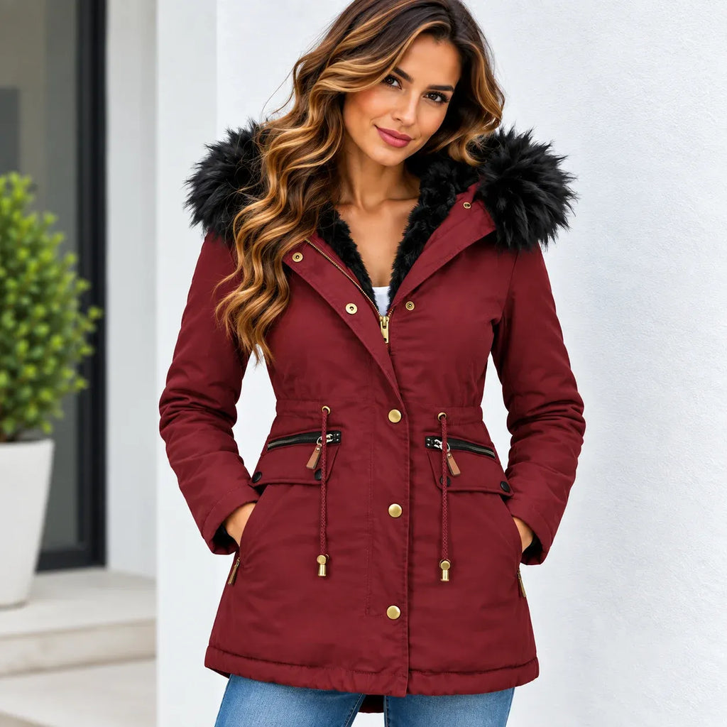 A woman wearing a burgundy hooded winter parka with a black faux-fur trim and gold-tone buttons, standing against a light-colored wall.