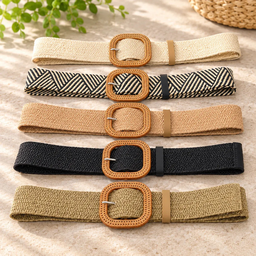 All colors: Five woven belts in cream-white, black-and-cream stripes, apricot, black, and khaki, each with a tan textured buckle.