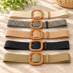 All colors: Five woven belts in cream-white, black-and-cream stripes, apricot, black, and khaki, each with a tan textured buckle.
