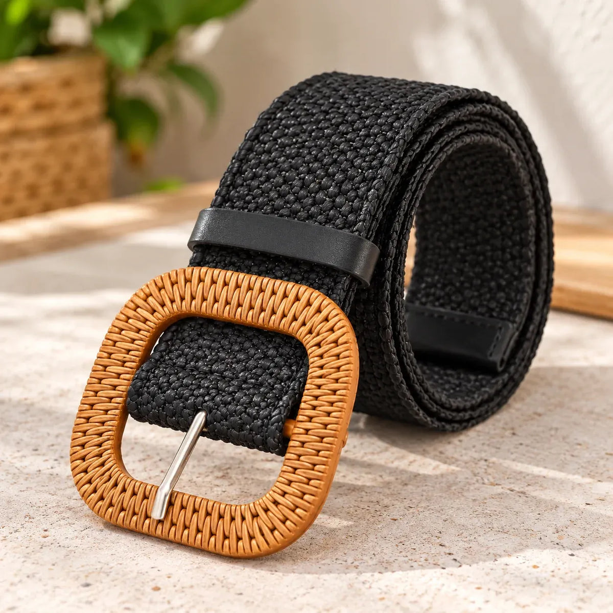 Black: Black woven elastic belt rolled up, showing a tan textured buckle, black keeper loop, and silver-tone pin.