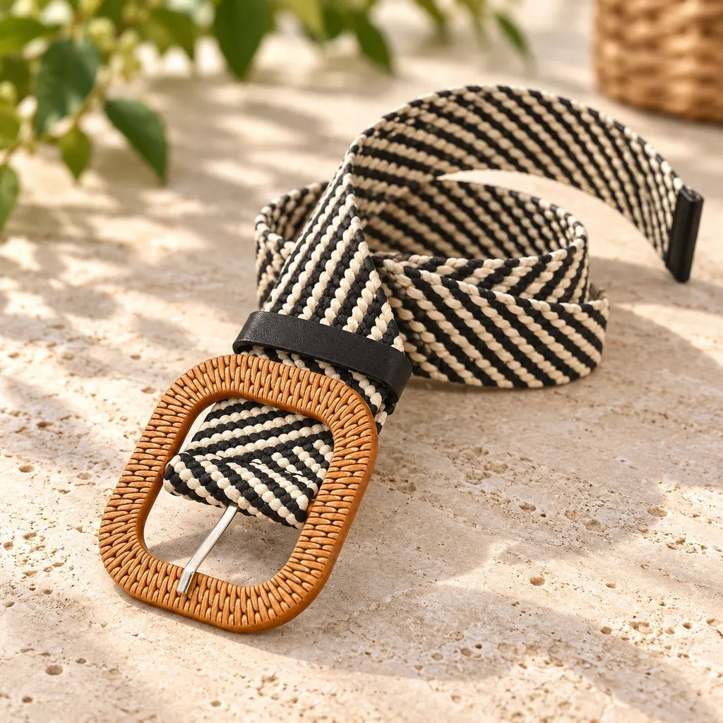 Stripes: Black-and-cream diagonally striped woven belt with a tan textured buckle and black keeper loop.