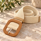White: Cream-white woven elastic belt loosely coiled, showing a tan rounded-square buckle and keeper loop.
