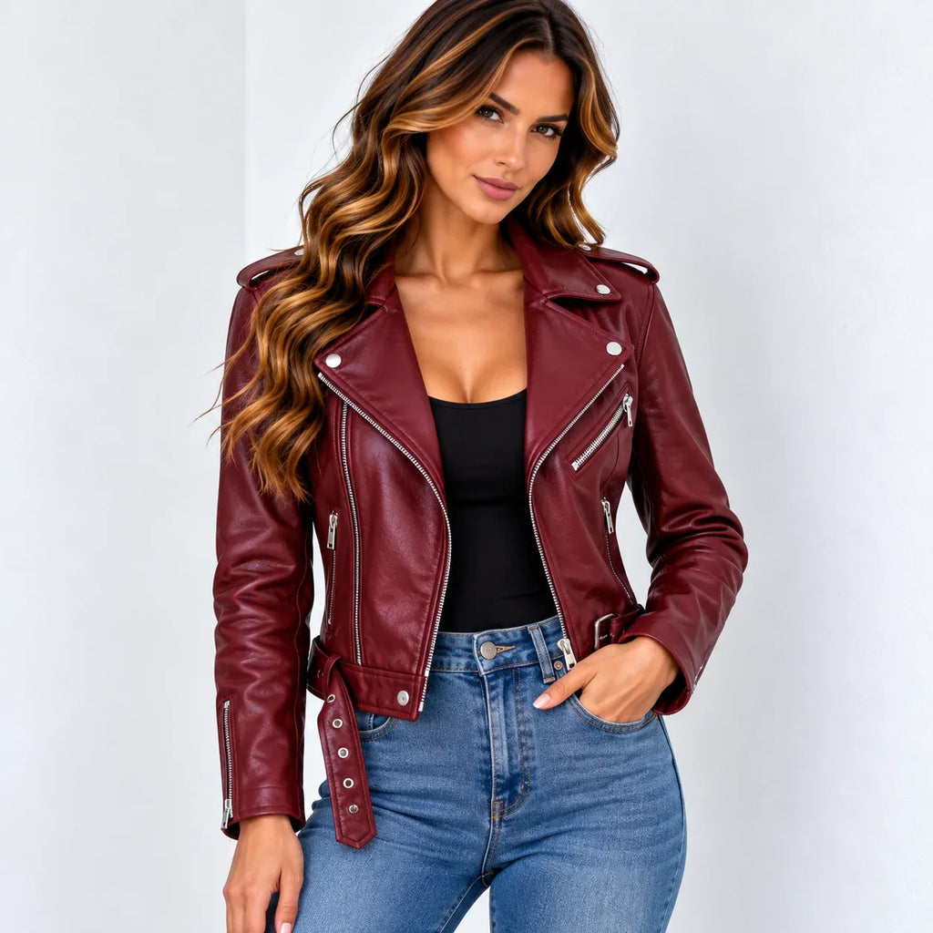 A woman modeling a cropped, asymmetrical moto jacket in burgundy faux leather, styled with a black top and blue jeans against a plain white studio background.