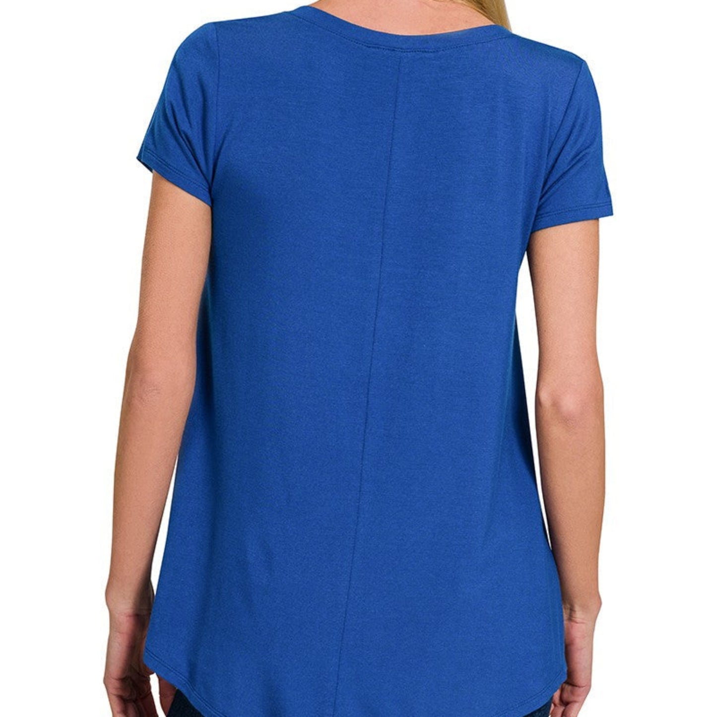 Woman wearing a blue t-shirt on a white background
