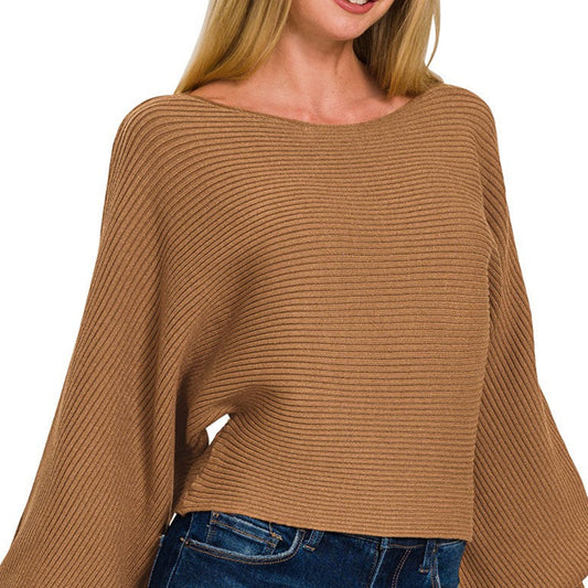 Close-up detail of balloon sleeves and ribbed texture on Deep Camel sweater.