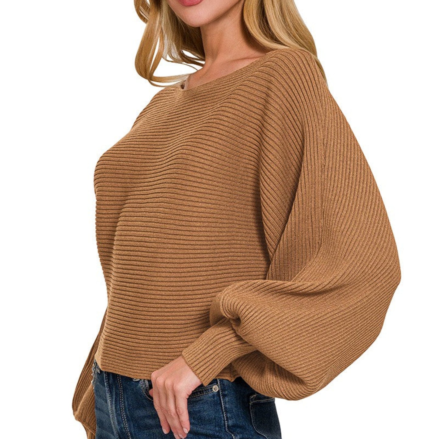 Side view of woman wearing Zenana Deep Camel ribbed knit pullover.