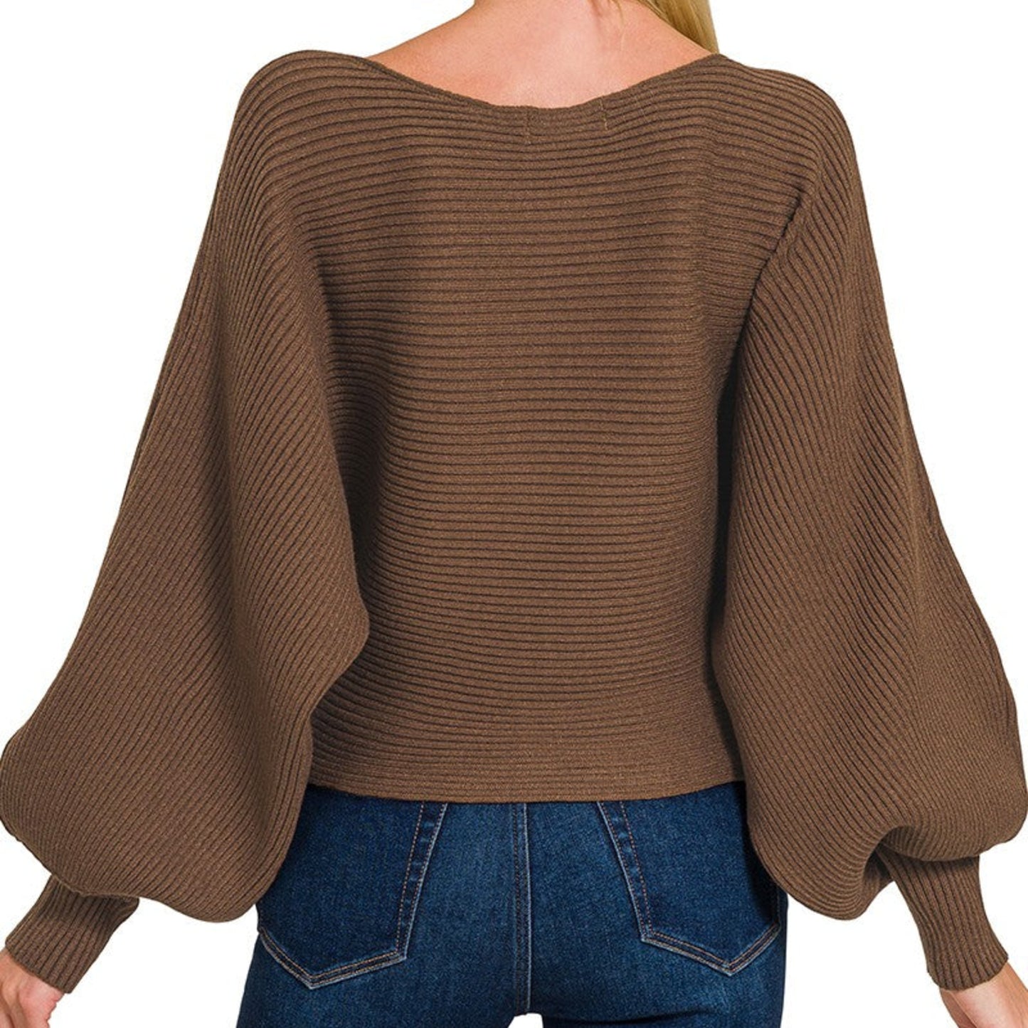 Back view of Zenana women's brown boat neck ribbed knit pullover