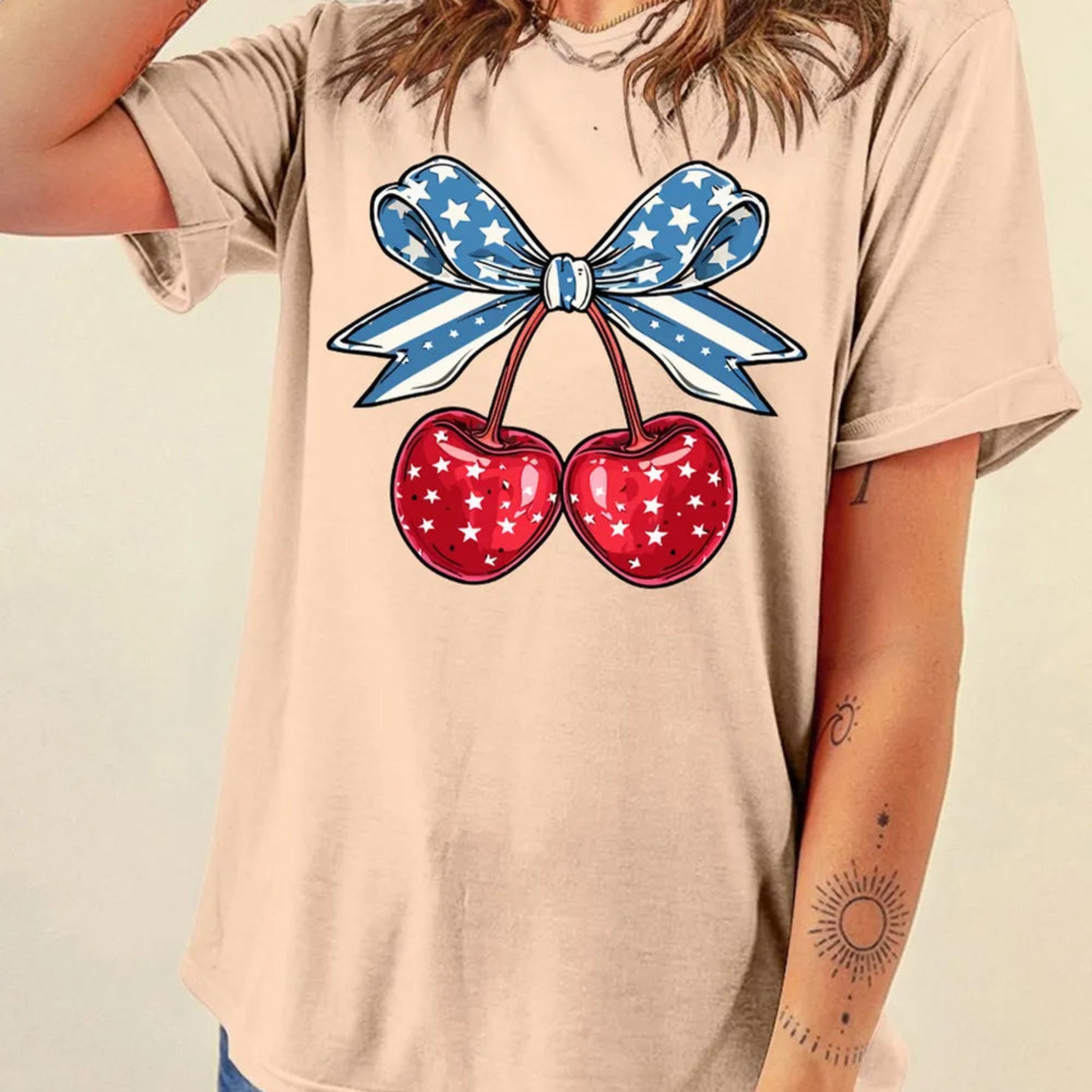 Cherry Graphic Round Neck Short Sleeve T-Shirt in Tan - Front View
