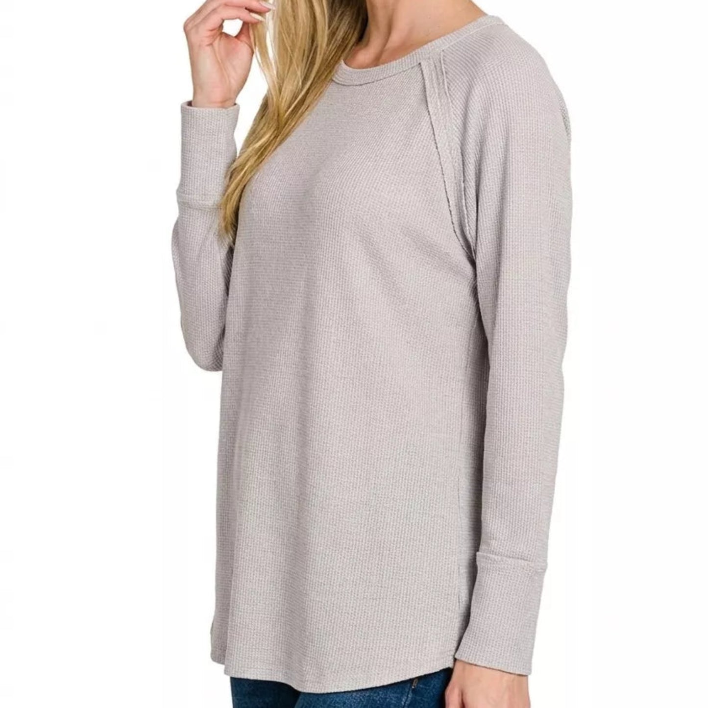 Close up detail of the soft baby waffle thermal knit fabric on a Zenana top from Solazura Boutique