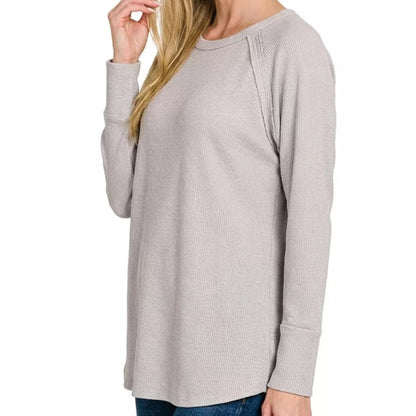 Close up detail of the soft baby waffle thermal knit fabric on a Zenana top from Solazura Boutique