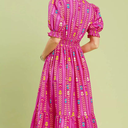 Back view of the pink ruffle smocked midi dress showing rear fit from Solazura Boutique