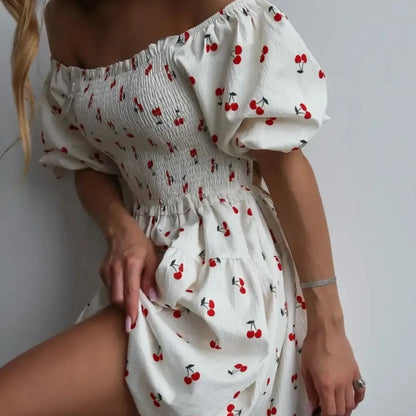 Puff Sleeve Cherry Print Smocked Mini Dress in White - Side View