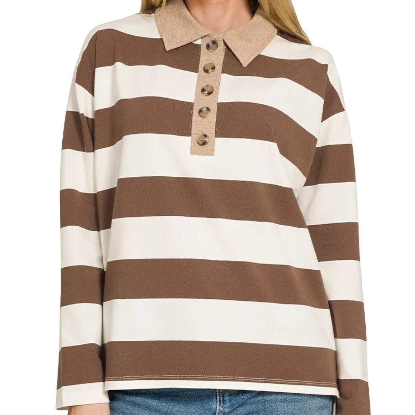 Close up shot of the button neckline and contrast collar trim on a brown Zenana polo shirt from Solazura Boutique