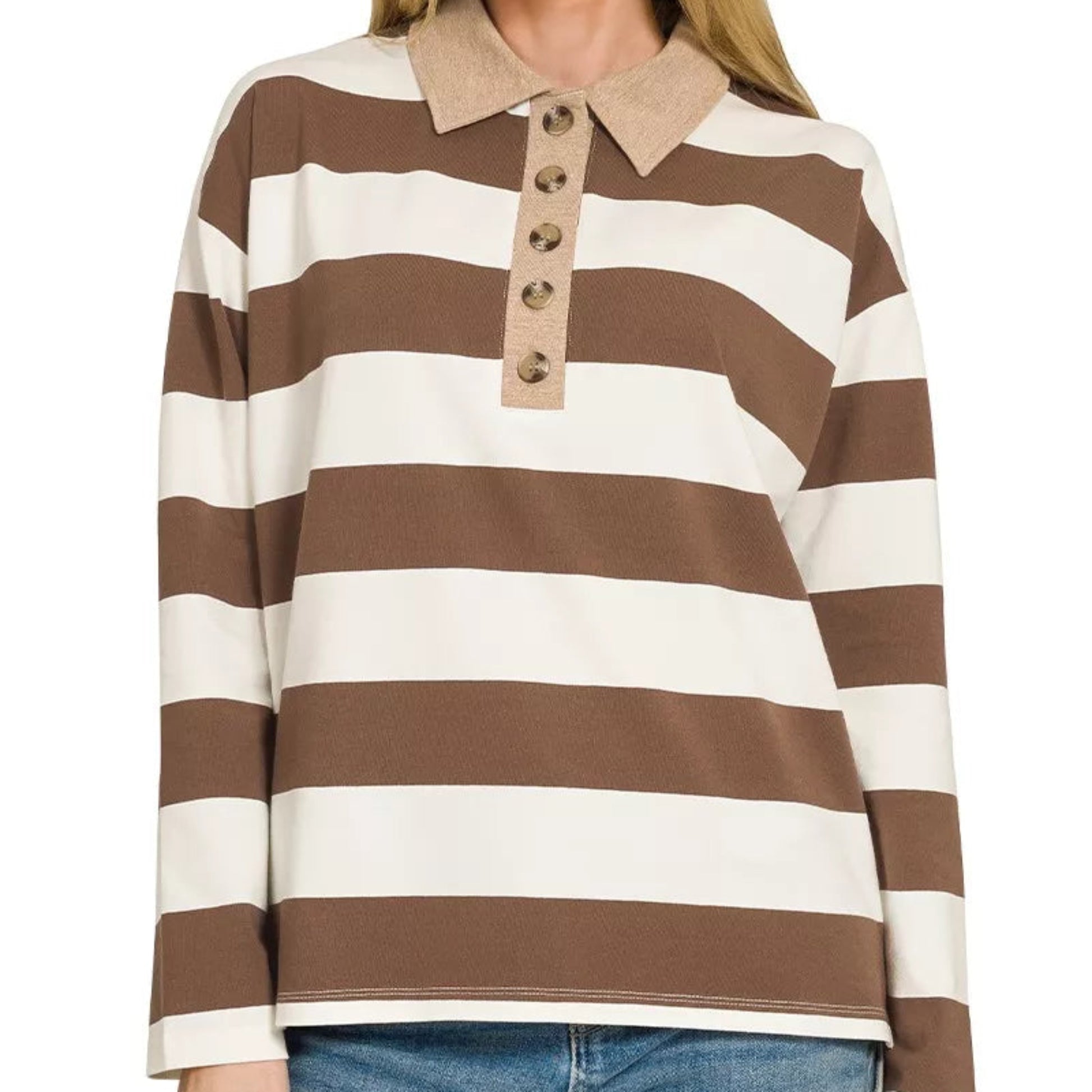 Close up shot of the button neckline and contrast collar trim on a brown Zenana polo shirt from Solazura Boutique