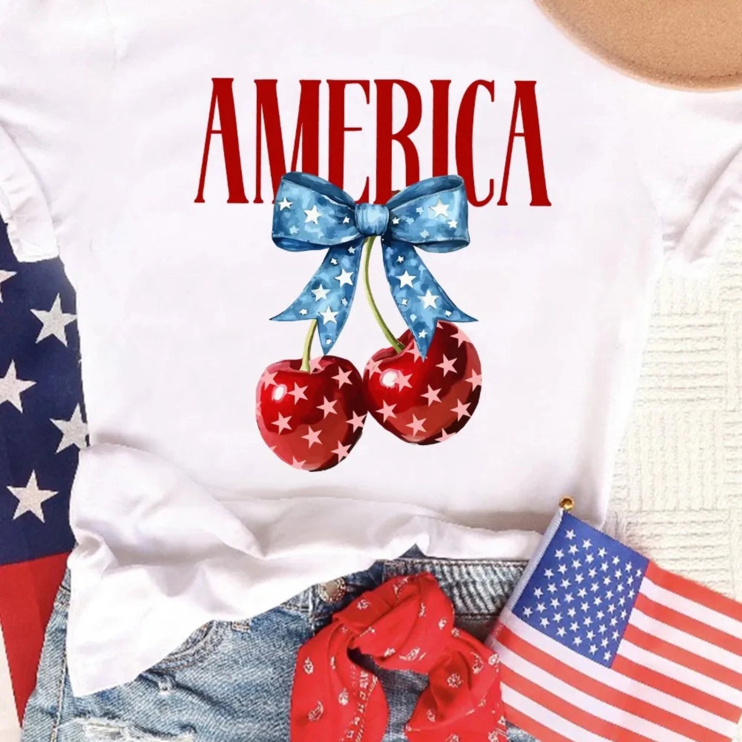 AMERICA Bow Cherry Women’s Graphic Crewneck T-Shirt-Trendsi - Solazura Boutique