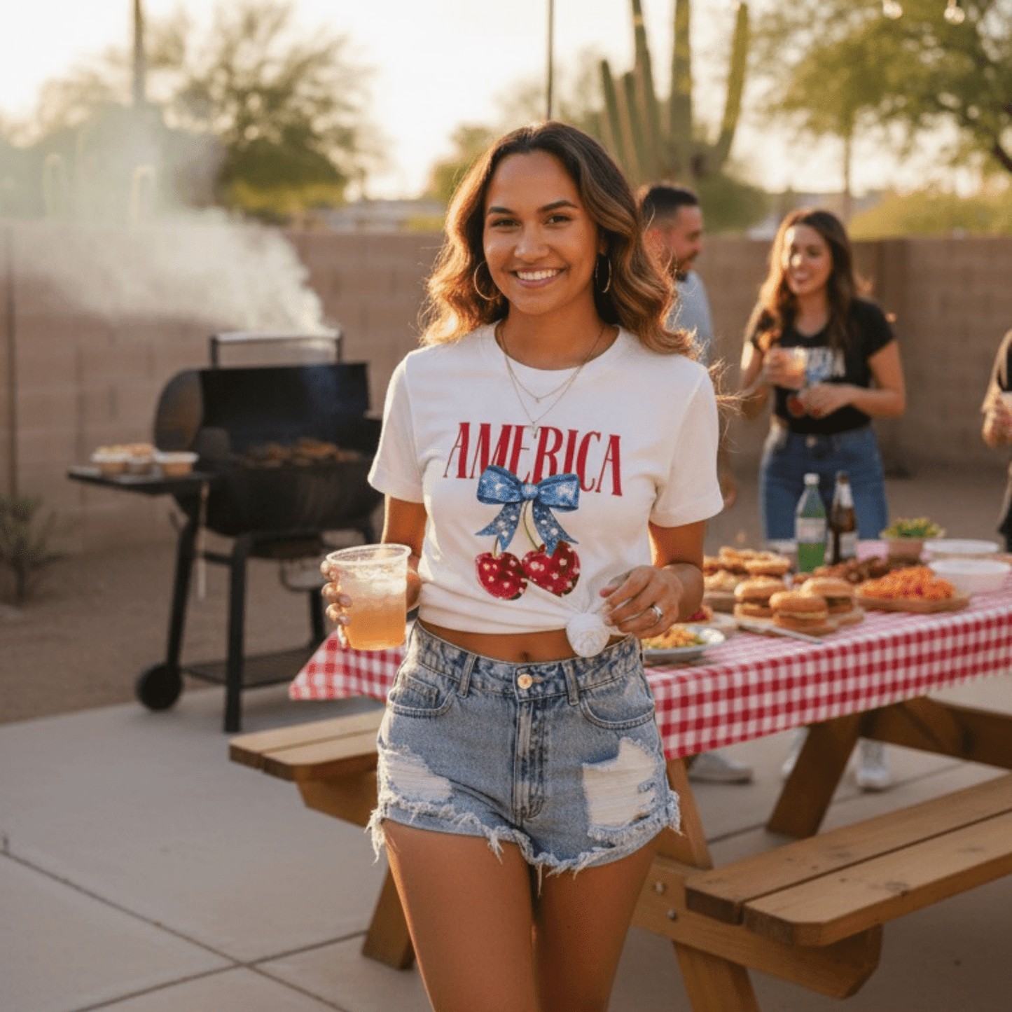 AMERICA Bow Cherry Women’s Graphic Crewneck T-Shirt-Trendsi - Solazura Boutique