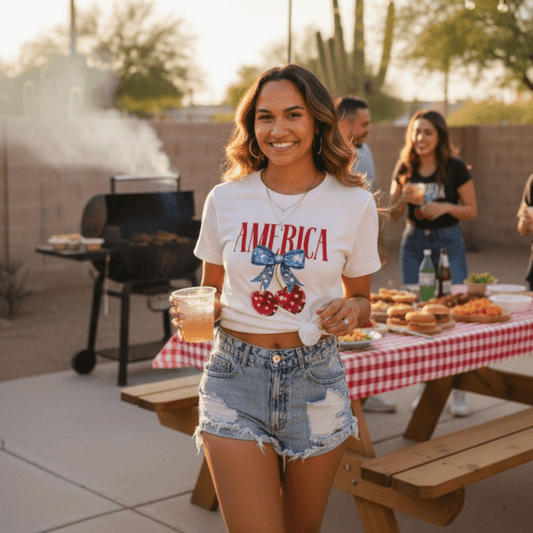 AMERICA Bow Cherry Women’s Graphic Crewneck T-Shirt-Trendsi - Solazura Boutique