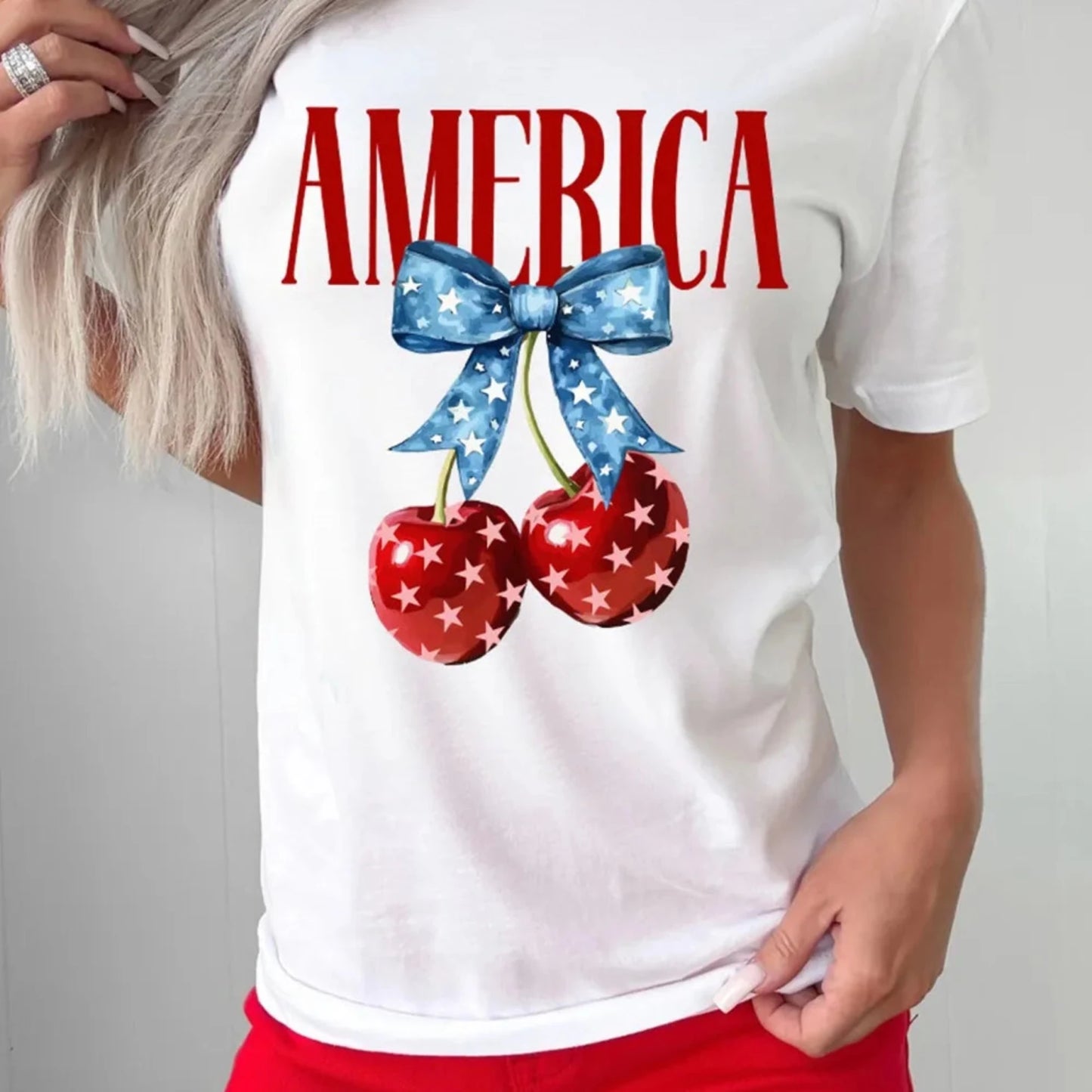 AMERICA Bow Cherry Women’s Graphic Crewneck T-Shirt-Trendsi - Solazura Boutique