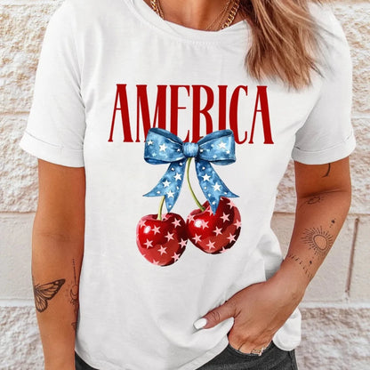 AMERICA Bow Cherry Women’s Graphic Crewneck T-Shirt-Trendsi - Solazura Boutique