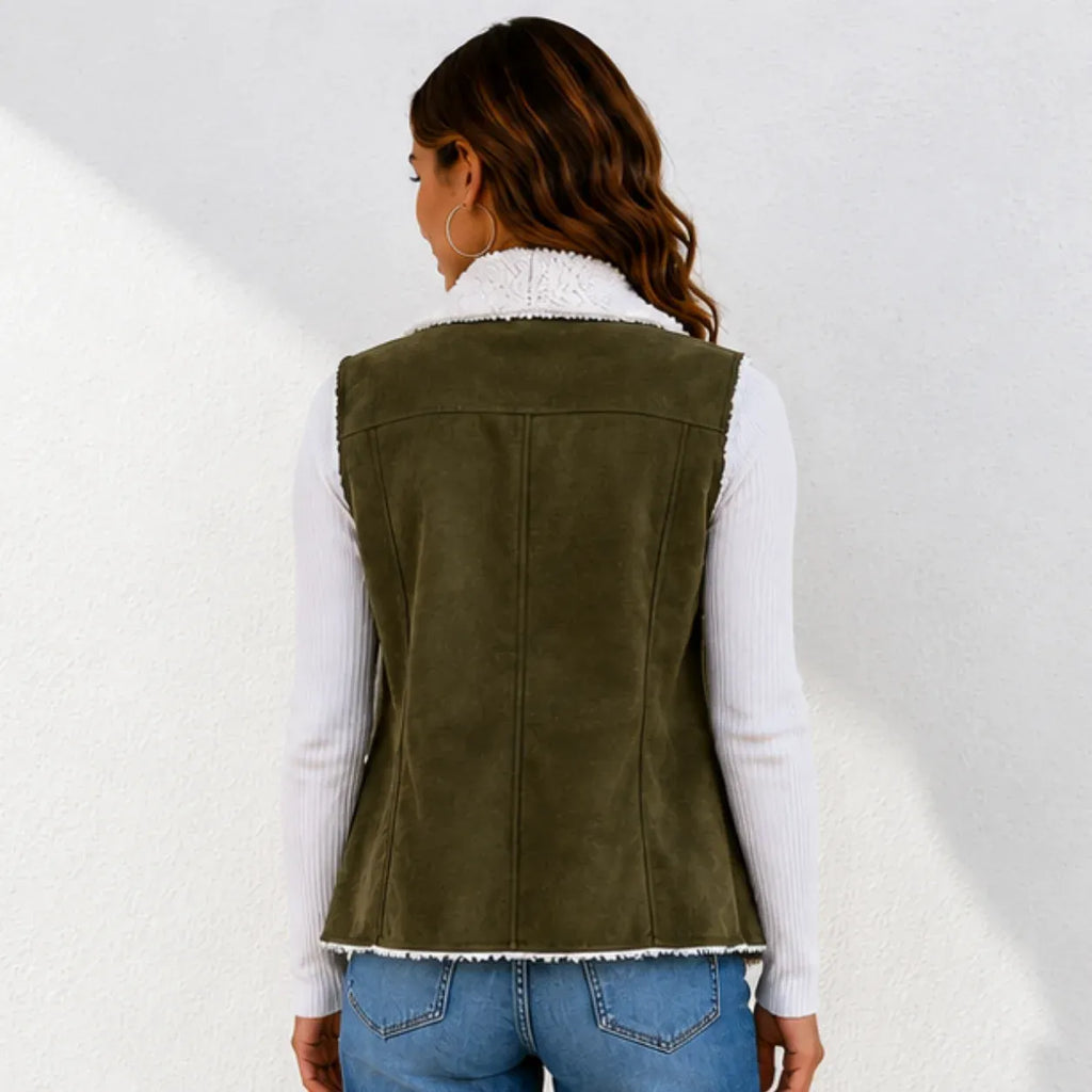 Army green faux suede sherpa-lined vest showing back view and stitched detailing