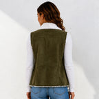 Army green faux suede sherpa-lined vest showing back view and stitched detailing