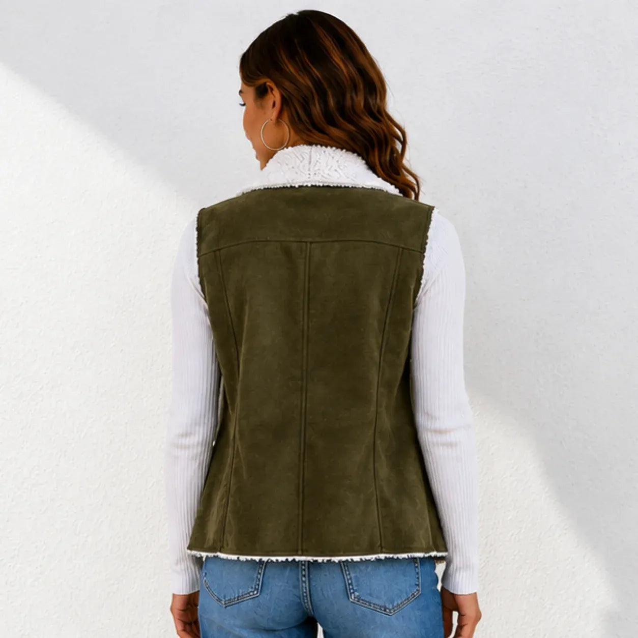 Army green faux suede sherpa-lined vest showing back view and stitched detailing