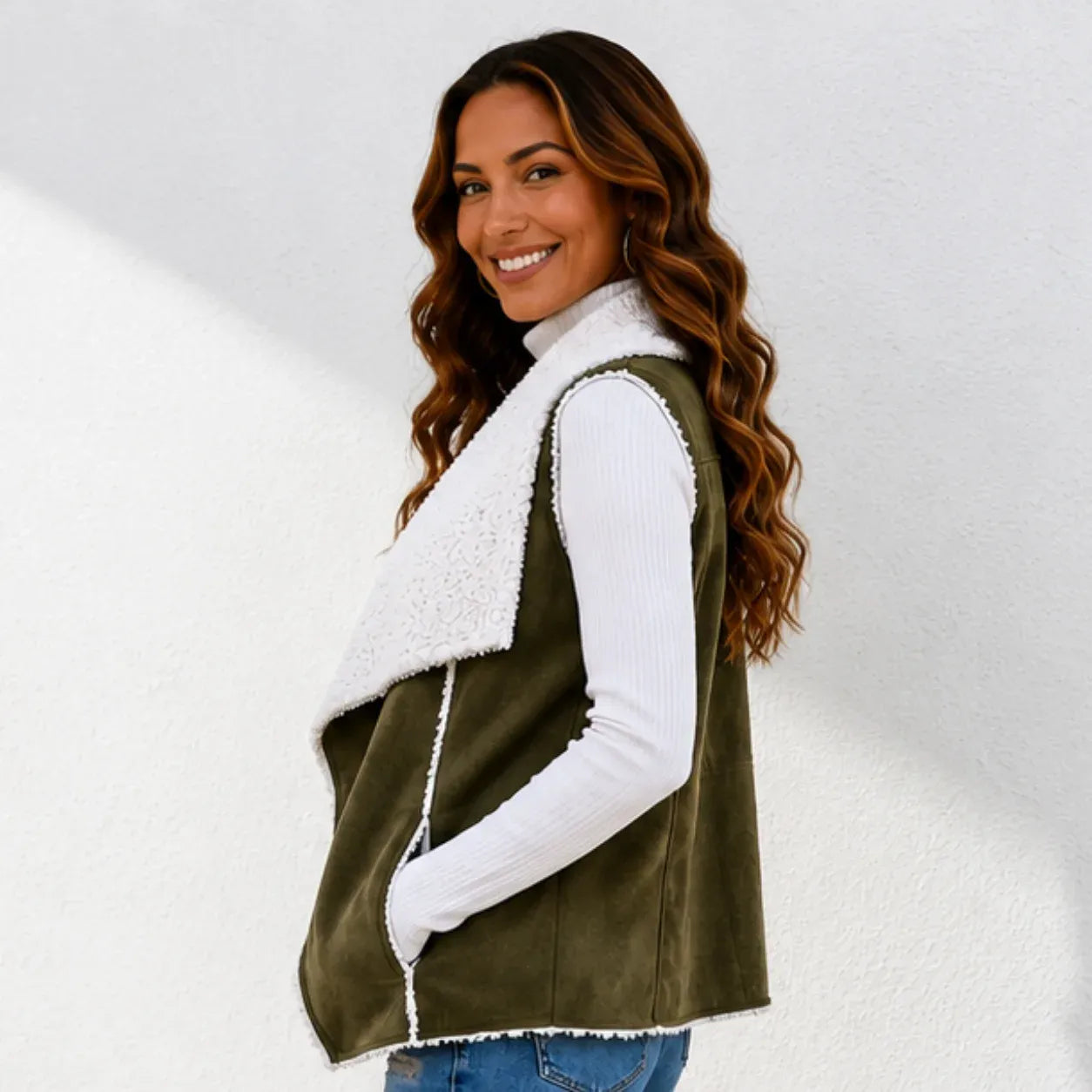 Army green faux suede sherpa-lined vest showing side profile and sherpa trim