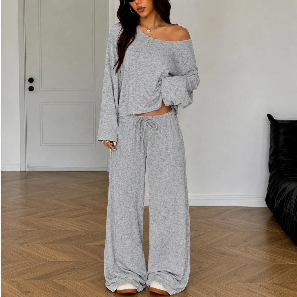 Ash grey women's two-piece wide-leg pants set with off-shoulder long sleeve top