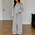 Ash grey women's two-piece wide-leg pants set with off-shoulder long sleeve top