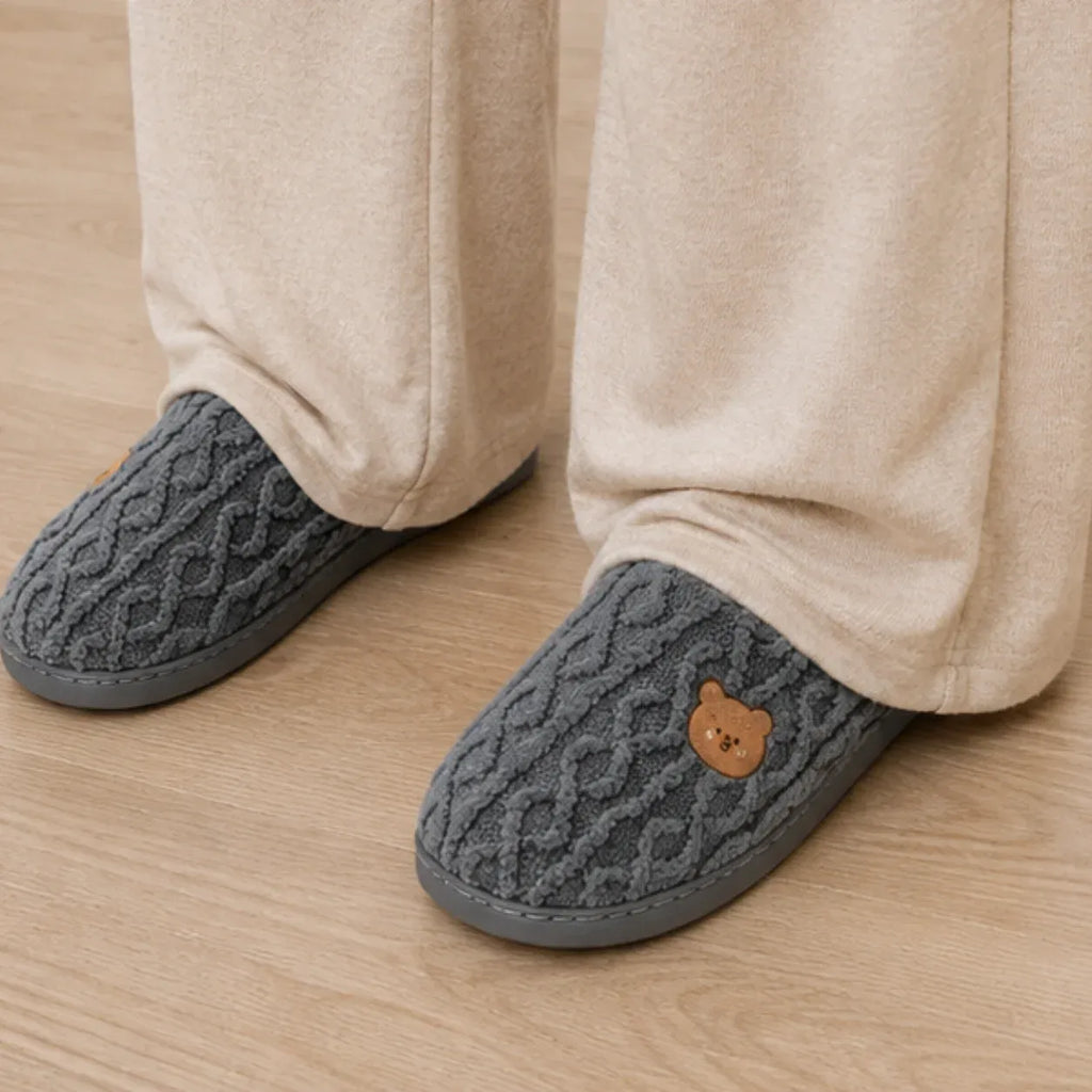 Women's Aspen Cozy Knit House Slippers in dark gray with textured knit pattern, plush lining, and durable indoor outsole.