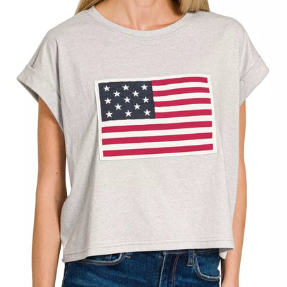 Zenana Round Neck Short Sleeve American Flag T-Shirt in Heather Grey - Front View