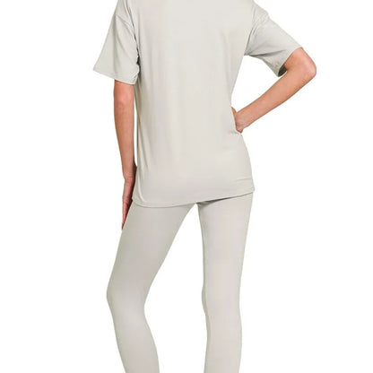 Back view of Zenana women's short sleeve top and cropped pants in LT Cement.