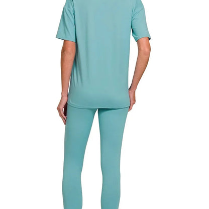 Back view of Zenana women's short sleeve top and cropped pants in Dusty Teal.
