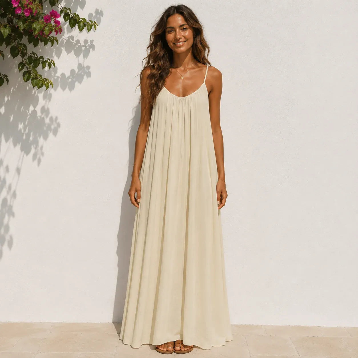 Women's apricot backless cami maxi dress with a relaxed flowy silhouette.
