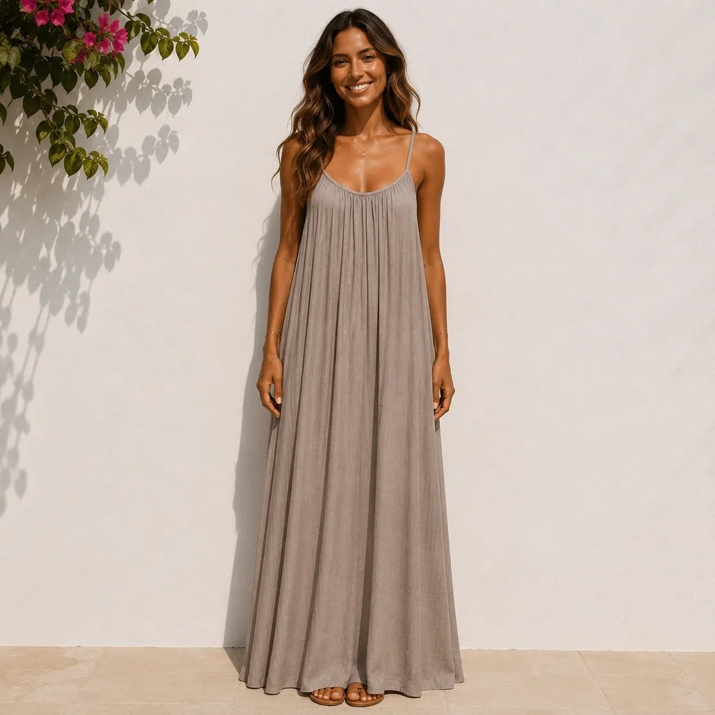 Women's camel backless cami maxi dress with a relaxed sleeveless silhouette.