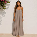 Women's camel backless cami maxi dress with a relaxed sleeveless silhouette.