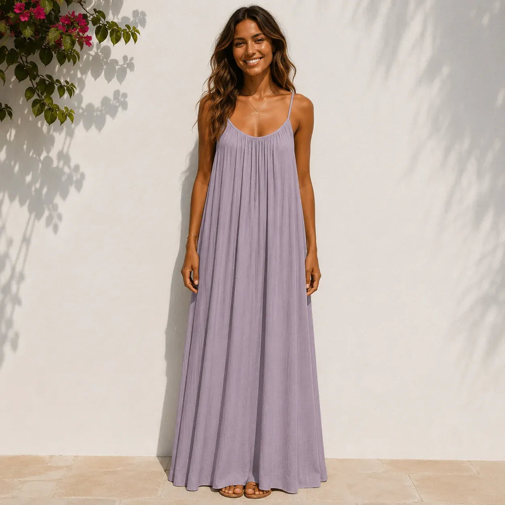 Women's lavender backless cami maxi dress with a flowy sleeveless silhouette.